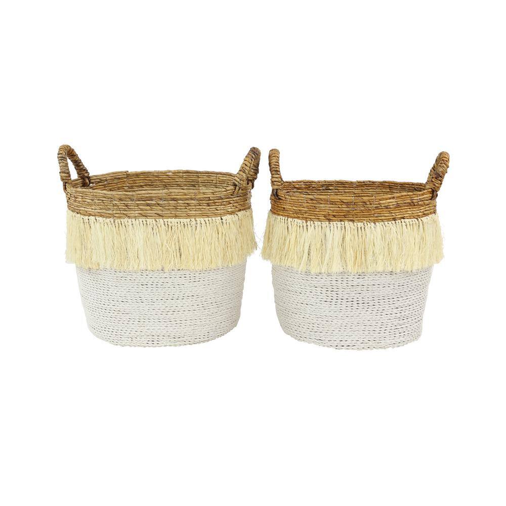 White and Natural Seagrass Round Storage Basket Set