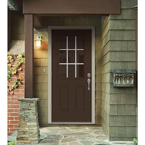 30 in. x 80 in. 9 Lite Dark Chocolate Painted Steel Prehung Right-Hand Outswing Entry Door w/Brickmould
