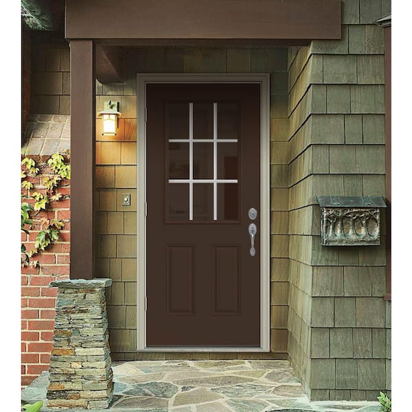 32 in. x 80 in. 9 Lite Dark Chocolate Painted Steel Prehung Right-Hand Outswing Entry Door w/Brickmould