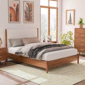 Riverstone Mid Century Modern Brown Wood/Fabric Frame Queen Platform Bed With Boucle Headboard