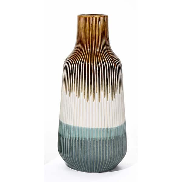 LuxenHome 11.2 in. H Tones Ombre Stoneware Vase in Beige, White and Green
