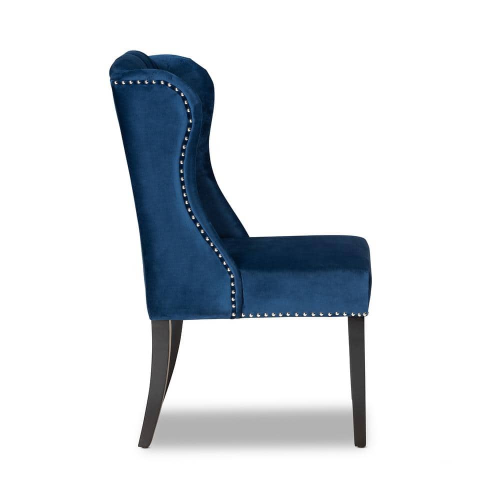 Lamont Navy Blue Velvet and Dark Brown Wood Wingback Dining Chair