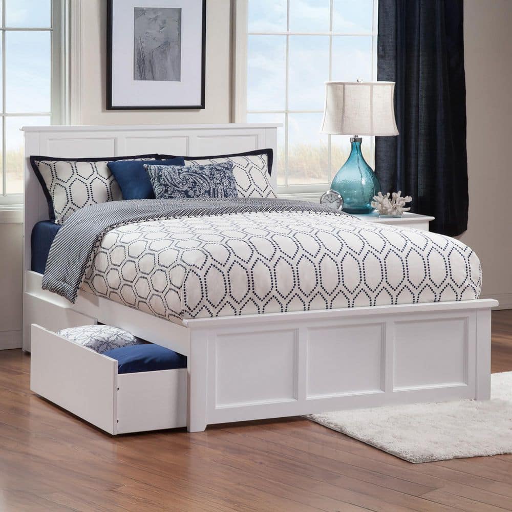 Madison White Solid Wood Frame Queen Platform Bed with Matching Footboard and Storage Drawers