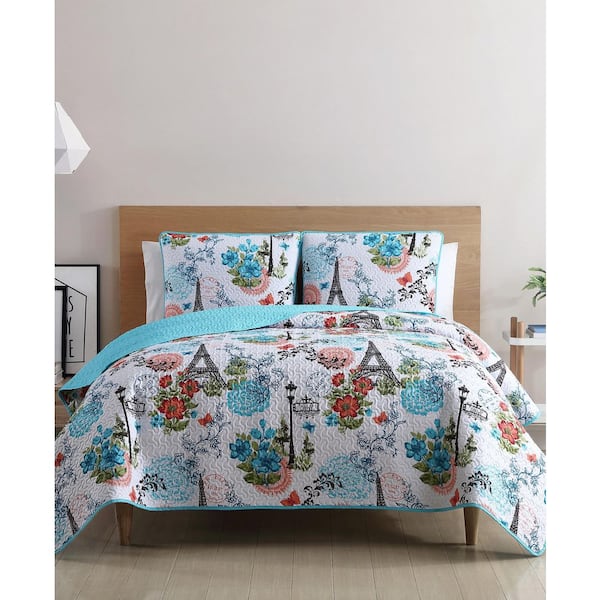 VCNY Home Eiffel 3-Piece Blue Reversible Microfiber King Quilt Set