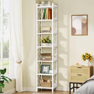 Jannelly 79 in. Tall White Engineered Wood 7-Shelf Narrow Bookcase, Corner Etagere Bookshelf for Home Office