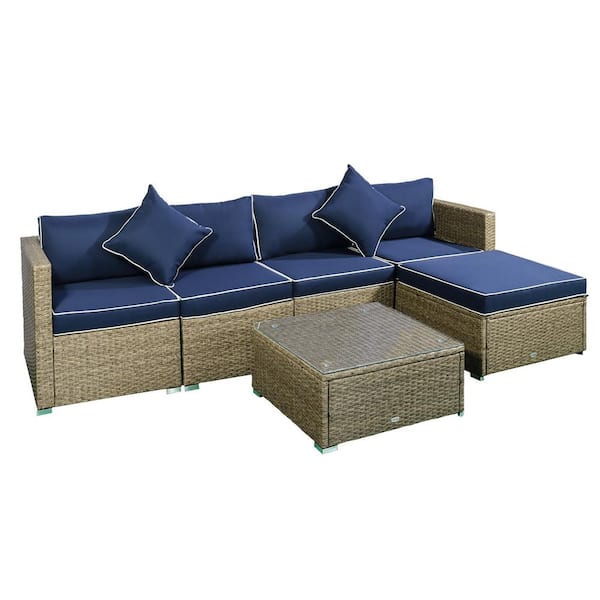 Outsunny Yellow 6-Pieces Metal Patio Conversation Set with Blue Cushions and Center Coffee Table