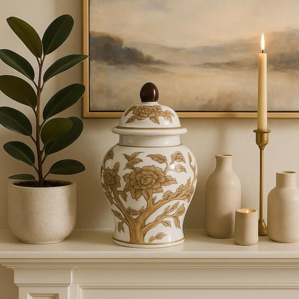 8.5 in. Brown/White Ceramic Decorative Tall Chinoiserie Jar with Lid