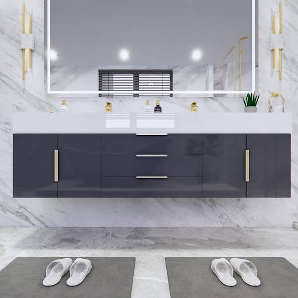 Bethany 71 in. W x 20 in. D x 22 in. H Double Sink Floating Bath Vanity in Gloss Gray with White Acrylic Top