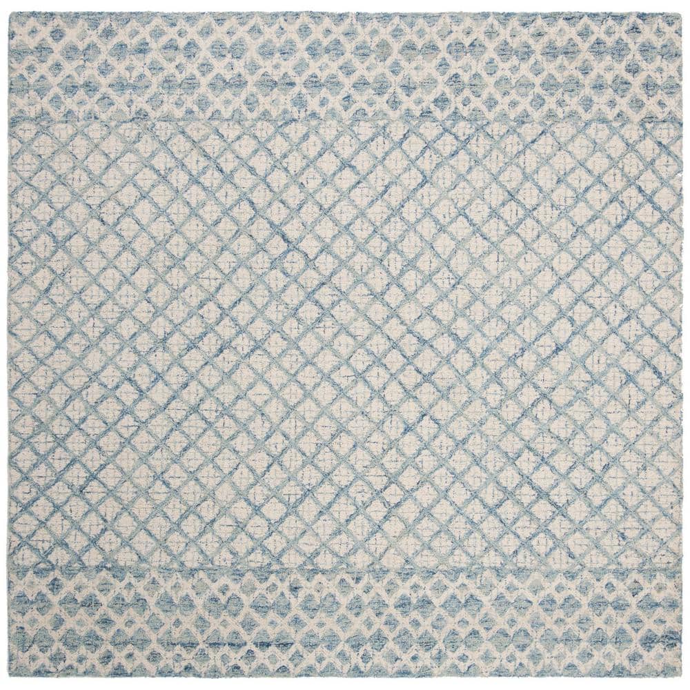 Handmade Tufted Wool Abstract Square Rug - Blue and Ivory, 4' x 4'