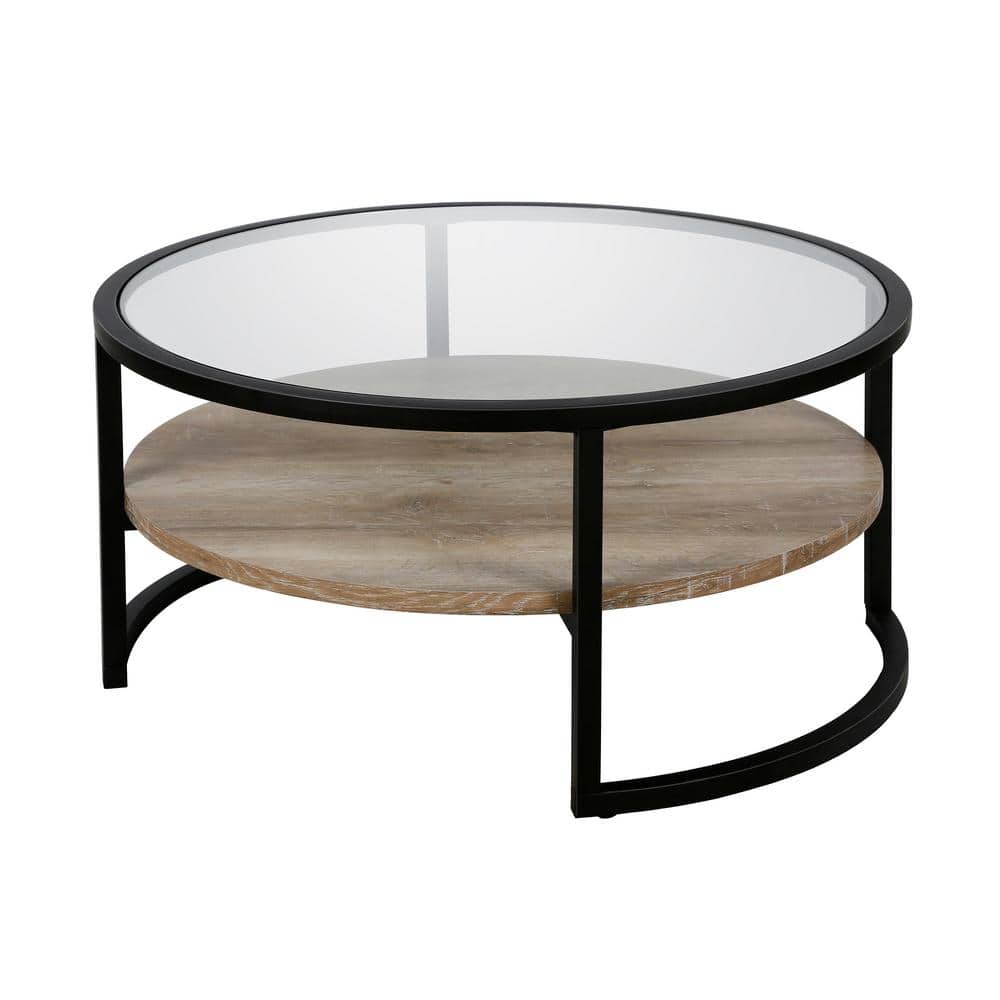 Elegance 34'' Round Limed Oak Coffee Table with Glass Top