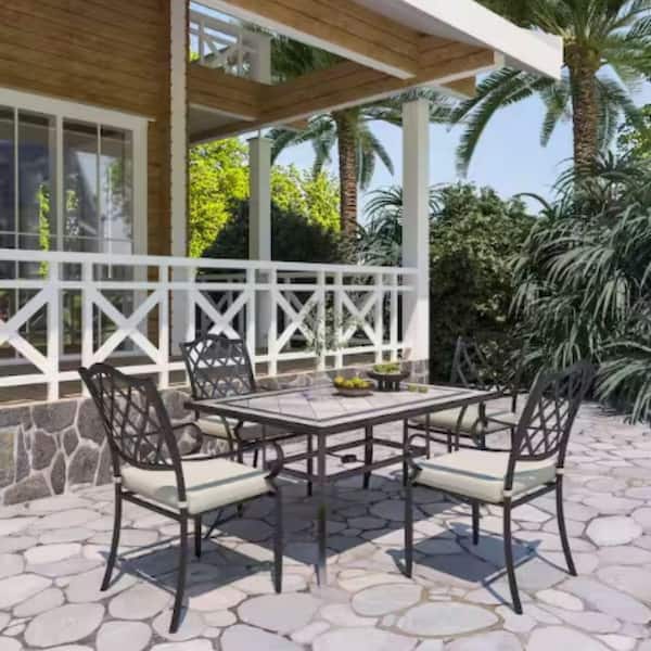 Bronze Cast Aluminum Frame Smooth Arms and Ergonomic Back Outdoor Dining Chair with Fabric Beige Cushion 4-Pack