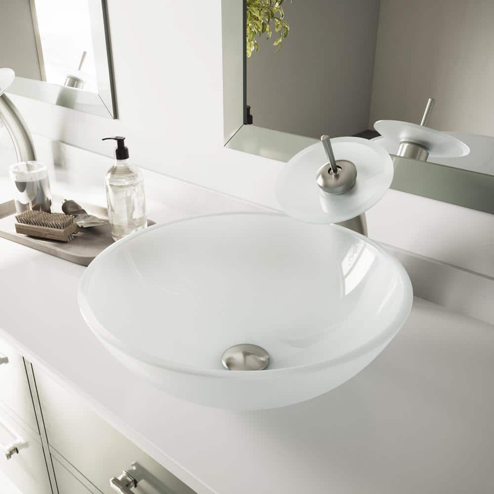 Reviews For Vigo Glass Round Vessel Bathroom Sink In Frosted White With Waterfall Faucet And Pop Up Drain In Brushed Nickel Vgt036bnrnd The Home Depot