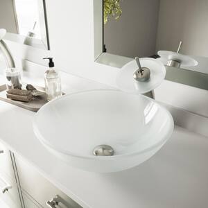 Glass Round Vessel Bathroom Sink in Frosted White with Waterfall Faucet and Pop-Up Drain in Brushed Nickel
