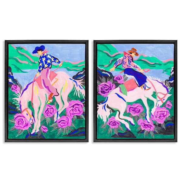 Stupell Industries Vivid Rearing Cowboys by Melissa Wang 2 Pieces Black Floater Frame Animal Graphic Art Print 21 in. x 17 in.