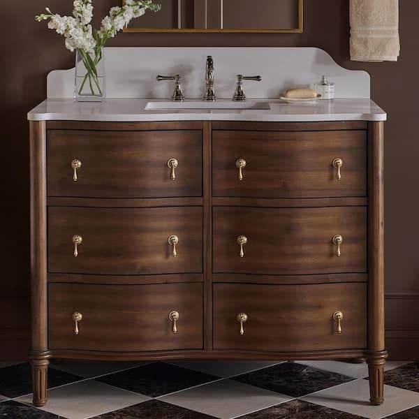 Guildhall 43 in. Single Sink Freestanding Bathroom Vanity in Warm Walnut with White Quartz Top (Assembled)