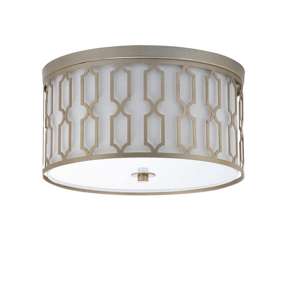 Soft Gold Geometric 3-Light LED Flush Mount with White Linen Shade