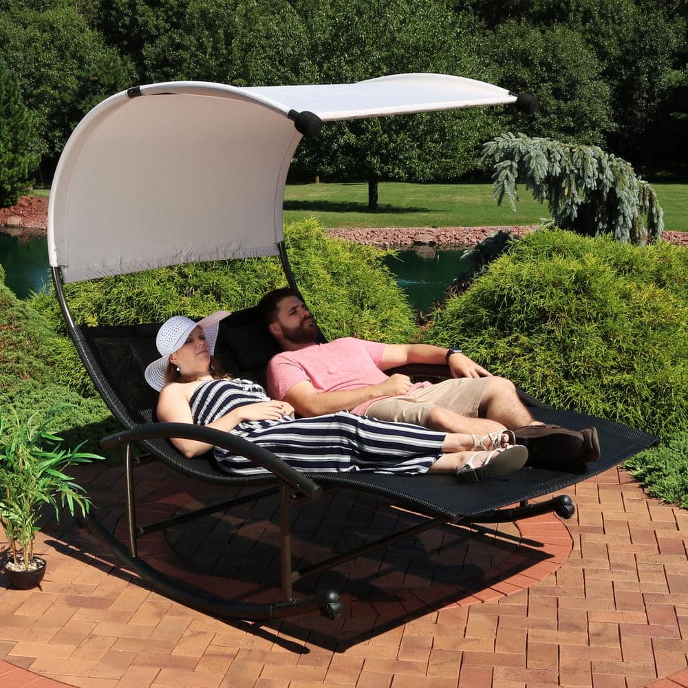 Red Sunnydaze Outdoor Folding Rocking Chaise Lounger with Headrest Pillow 