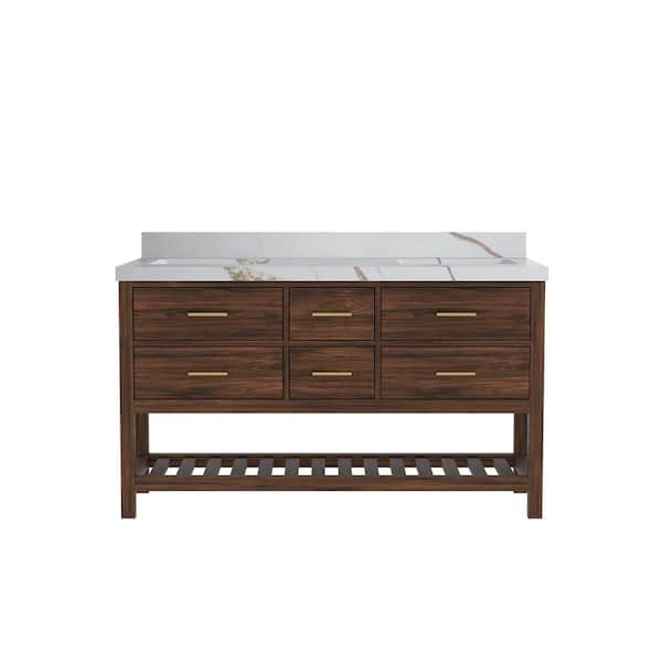 Willow Collections Parket Teak 60 in. W x 22 in. D x 36 in. H Double Sink Bath Vanity in Dark Walnut with Calacatta Gold Quartz Top