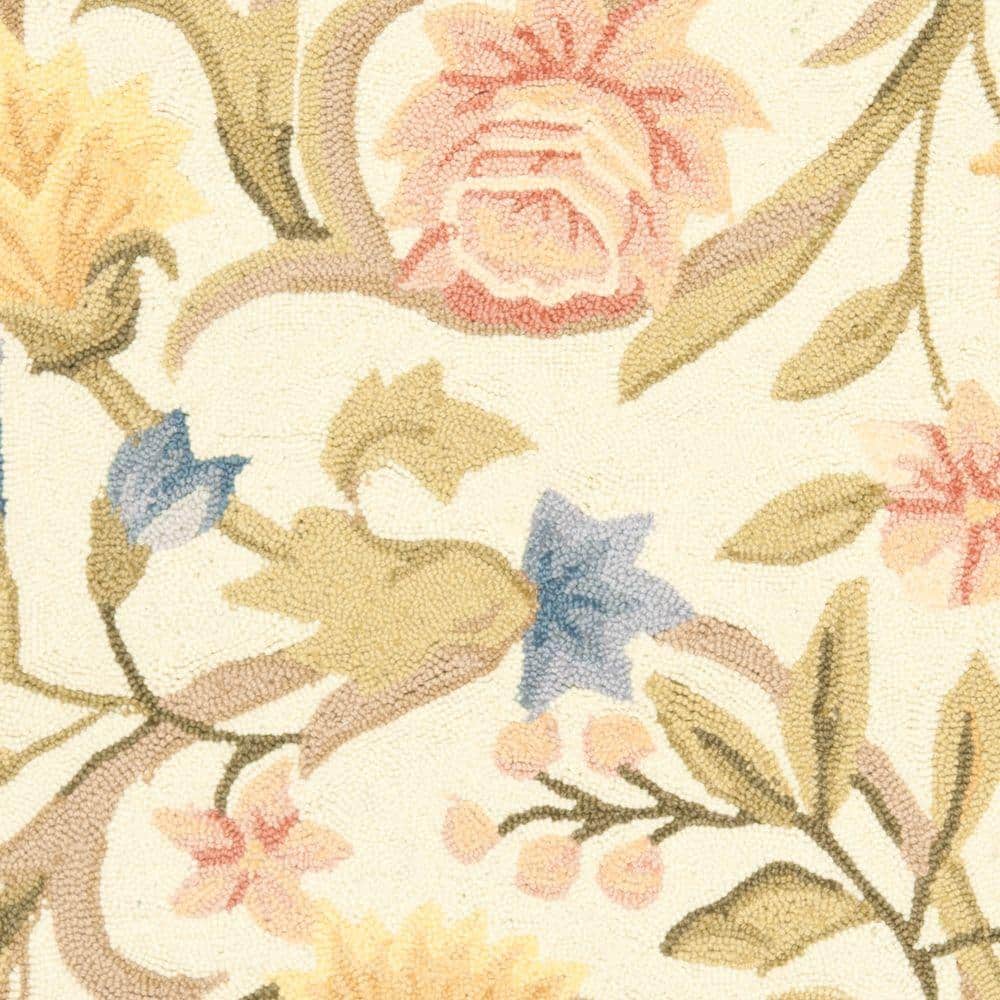 Ivory Floral Hand-Hooked Wool Area Rug, 5'3" x 8'3"