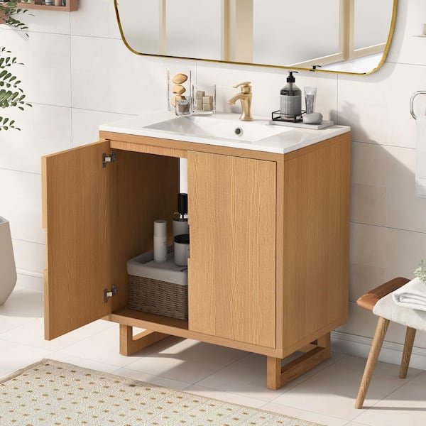 Unbranded 29.5 in. W x 18.1 in. D x 35.1 in. H Single Sink Freestanding Bath Vanity in Brown with White Resin Top and with 2 Doors