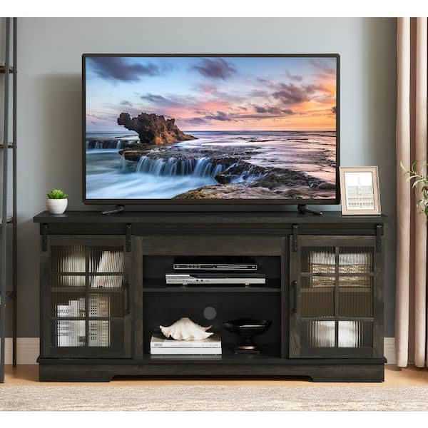 Charcoal Grey TV Stand Entertainment Center Fits TVs Up to 60 to 65 in. with Sliding Fluted Glass Doors