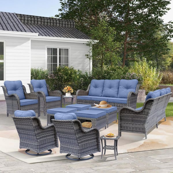 Gray 12-Piece Rattan Patio Conversation Set Lounge Sofa Chairs Swivel Rockers Ottoman Side Table with Denim Blue Cushion