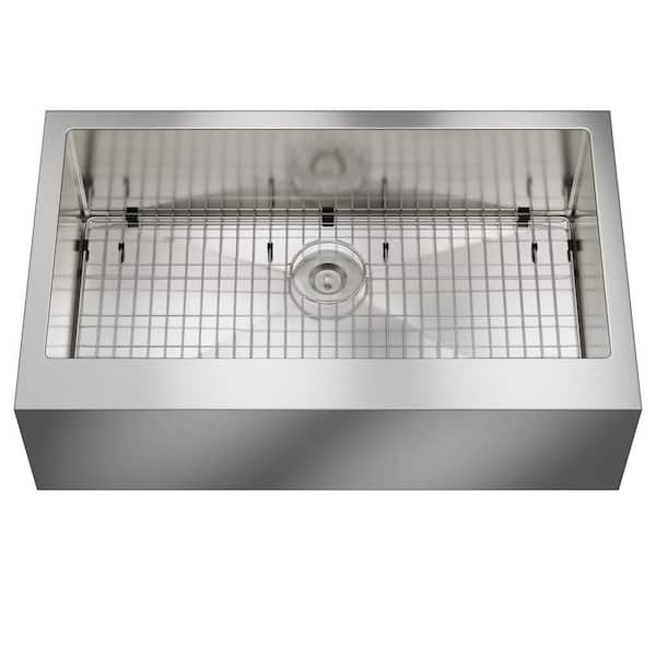 36 in. Farmhouse Apron Front Single Bowl Brushed Stainless Steel Kitchen Sink with Drainage Grid and Drain Assembly