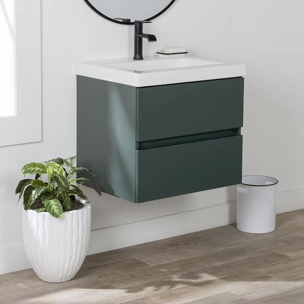 Domani Rawlins 25 in. W x 19 in. D x 22 in. H Single Sink Floating Bath Vanity in Viridian Green with White Cultured Marble Top