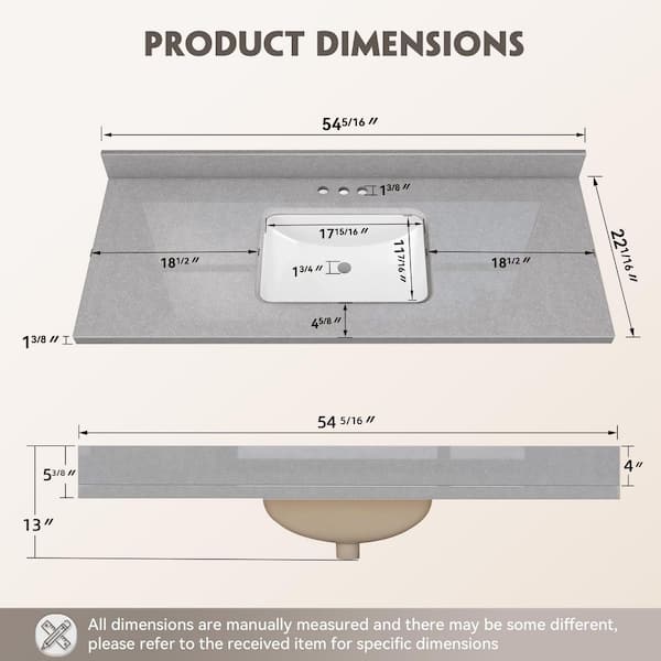 54 in. W x 22 in. D Engineered Stone Marble White Rectangular Single Sink Bathroom Vanity Top with Backsplash in Gray