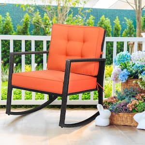 Wicker Outdoor Rocking Chair Patio Lawn Rattan Single Chair Glider with Orange Cushion