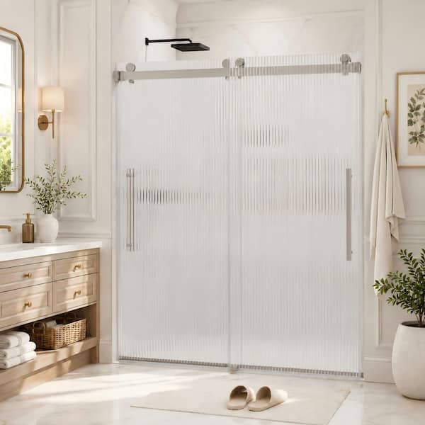 56-60 in. W x 74 in. H Double Sliding Frameless Shower Door in Brushed Nickel with Nano-Coated Easy-Clean Fluted Glass