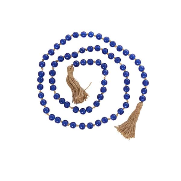 Blue Handmade Glass Round Long Beaded Garland with Tassel with Knotted Brown Jute
