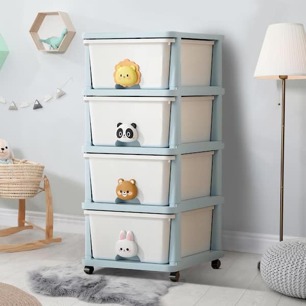 15 in. W x 13 in. D x 31 in. H in White Blue Plastic 4 Layer Floor Drawer Base Storage Cabinet, Wheels Ready to Assemble