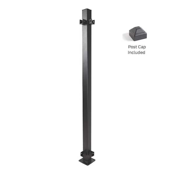 Fe26 2 in. x 45.5 in. Black Steel Railing Corner Post with Brackets, Cap and Base Cover