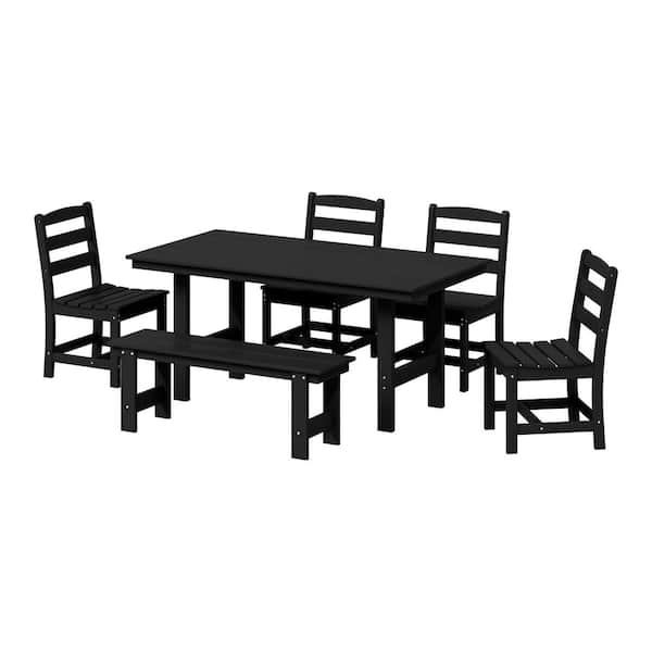 Shoreside 6-Piece All Weather HDPE Plastic Outdoor Patio Dining Set w/ Side Chairs and Bench, Black