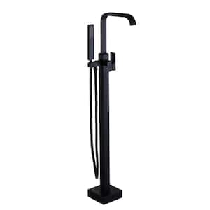 Waterfall Single-Handle Freestanding Tub Faucet with Hand Shower, Brass Floor Mounted Tub Filler Faucet in. Matte Black