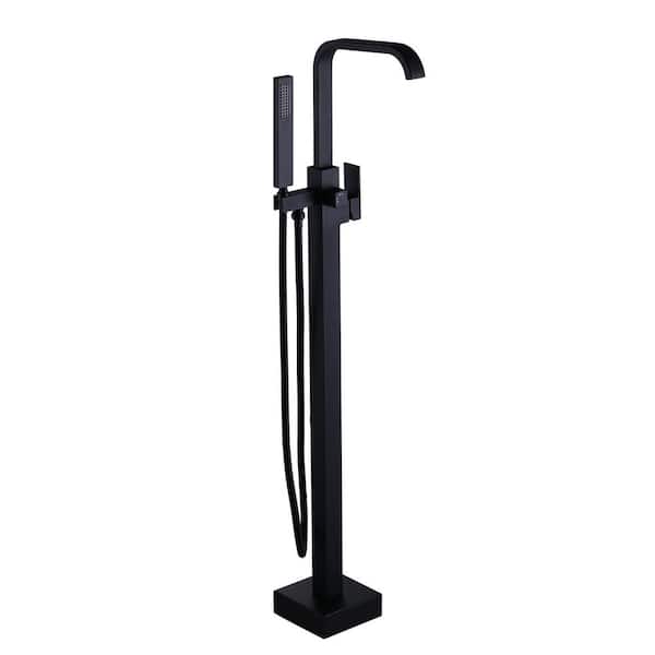 WOWOW Waterfall Single-Handle Freestanding Tub Faucet with Hand Shower, Brass Floor Mounted Tub Filler Faucet in. Matte Black