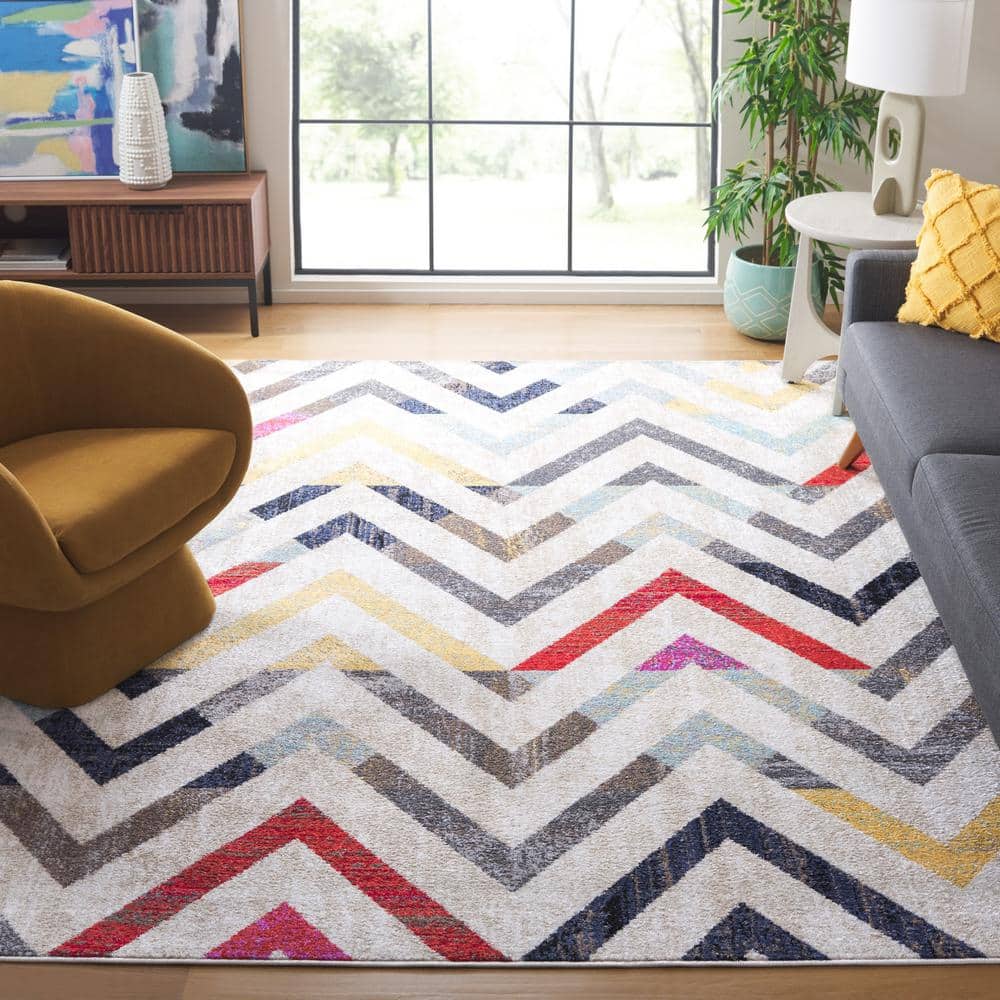Ivory Multicolor Chevron Pattern Synthetic Area Rug