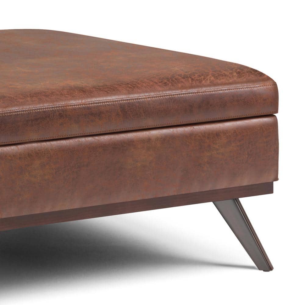 Owen Distressed Saddle Brown Faux Leather Lift Top Storage Ottoman