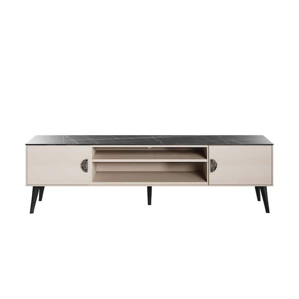 Manhattan Comfort Haley 70.86 in. White and Black Marble TV Stand Fits TV's up to 55 in. with Storage and Cable Management
