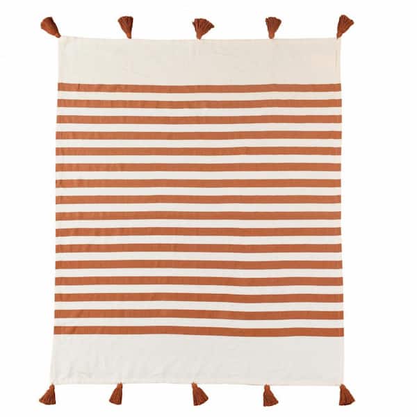 HomeRoots Charlie Orange Striped Cotton Throw Blanket
