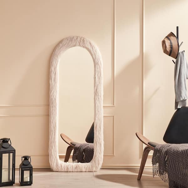 ORGANNICE 24 in. W x 63 in. H Milk Tea Arched Long Flannel Mirror Wood Framed Freestanding Full Length Mirror