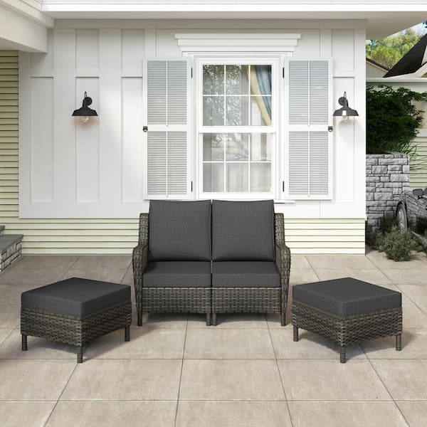 Uixe Gray 4-Piece Wicker Patio Conversation Seating Sofa and Ottoman Set with Dark Gray Cushions