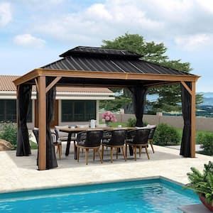 10 ft. x 14 ft. Hardtop Gazebo Galvanized Steel Roof Gazebo Pergola with Wooden Coated Aluminum Frame and Mosquito Net