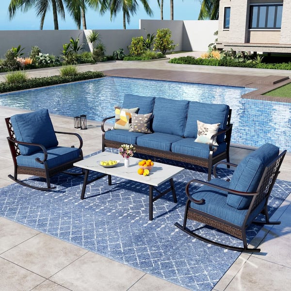 PHI VILLA 4-Piece Black Metal Outdoor Patio Conversation Set with Rocking Chairs, Marbling Coffee Table and Pacific Blue Cushions
