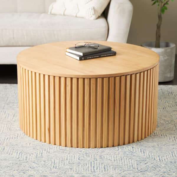 Litton Lane 32 in. Brown Medium Round Wood Handmade Ribbed Coffee Table with Slatted Base