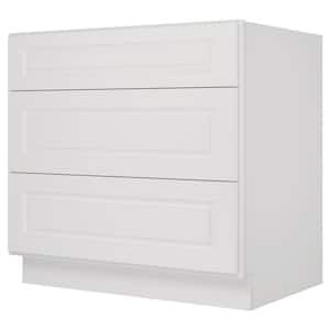 36 in. Wx24 in. Dx34.5 in. H in Raised Panel Dove Plywood Ready to Assemble Drawer Base Kitchen Cabinet with 3 Drawers