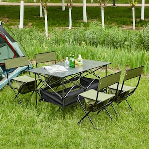 5-Piece 19.3 in. W Black Aluminum Metal Folding Outdoor Chat Set, Picnic Tables and Chairs Set for Camping, Beach