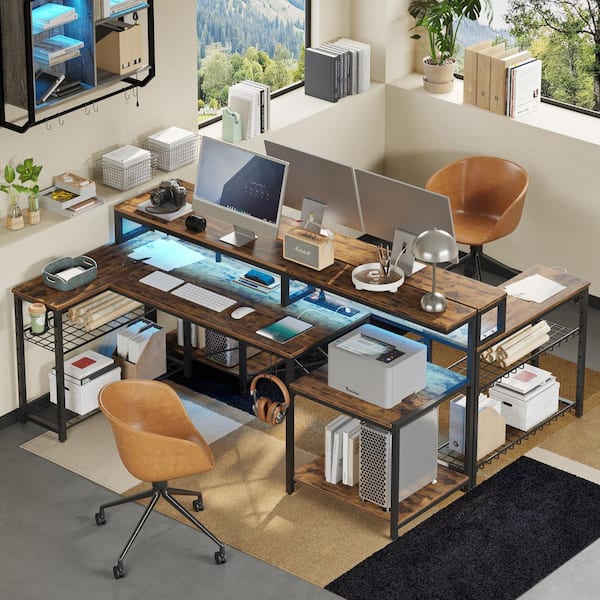 Bestier 71.5 in. L-Shaped Rustic Brown LED Desk with Monitor Stand, Storage Shelves and Power Outlets