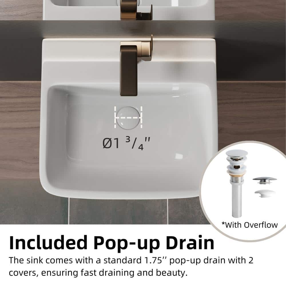 Glossy White Ceramic Wall-Mount Rectangular Vessel Sink with Stainless Steel Drain
